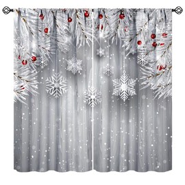 Winter Snowflake Curtains, Silver White Fir Branches Christmas Tree Red Berries Snow Print Window Curtains for Home Kitchen Bedroom Living Room, 42" W X 45" L, Decor