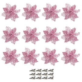 12 Pcs Christmas Flowers Large (16CM) Poinsettia Christmas Glitter Flower Artificial Flowers with Clips for Christmas Tree Wreath Hanging Party Xmas DIY Decor, Pink