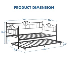 IDEALHOUSE Twin Daybed with Trundle, Twin Daybed and Pull Out Trundle Set, Metal Sofa Bed Frame with Steel Slat Support for Living Room, Bedroom and Guest Room, Black