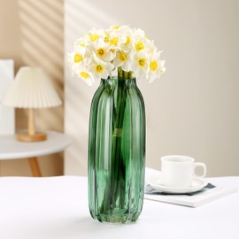 Green Glass Vase for Flowers Bud Tall Glass Vases,H-12.0" Simple Striped Design for Home Floor Decor,Farmhouse Decor, Centerpiece Coffee Table Decorations (Green 12.0IN)