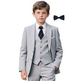 Boys Suit Size 12 Light Grey 6 Pieces Ring Bearer Wedding Outfit Kids Dress School Clothes Christmas Tuxedo Suits for Big Boy Jacket Vest Pants Shirt Set with Tie