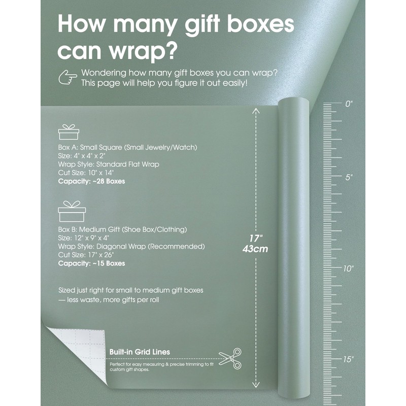 Keypan Sage Green Gift Wrap Paper Roll Set with Ribbon