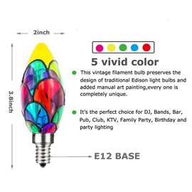 Greeogin Dimmable Stained Glass LED Edison Bulb, LED Color Bulb,C35 E12 Base 4 Watts LED Light Bulbs 40W Halogen Bulb Replacement for Party Light,Festive Atmosphere,Home Lighting,4 Pack