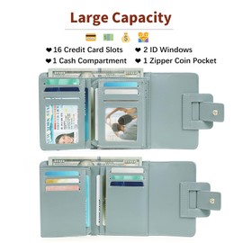 GOIACII Women's Small and Short Format Purse Women's 16 Card Slots and 2 ID Windows with Zip Coin Compartment Press Stud Wallet for Women, lightblue, Minimalist