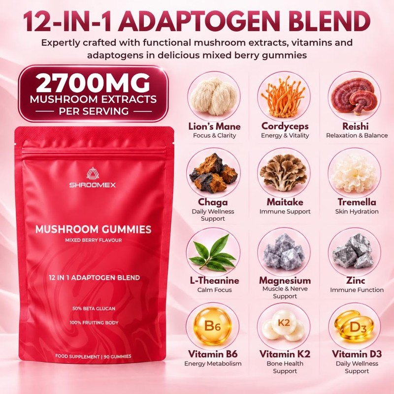 12-in-1 Mushroom Gummies 2,700mg with Lion's Mane, 90 Gummies