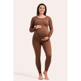 Angelhood Maternity Bodysuit Ribbed Long Sleeve Maternity Workout Romper One Piece Yoga Pregnancy Jumpsuit Shapewear, Large Coffee