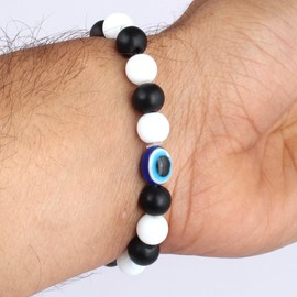 Rudra Empire Gemstones Evil Eye Black & White Round Beaded Bracelets for Men Women Stretch Bracelets for Christmas Valentine's Day Gift, One Size, Brass, no gemstone