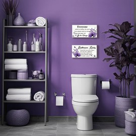 DONFENTHY 2 Pieces Purple Bathroom Decor Bathroom Rules Wall Art Purple Flower Bathroom Rules Sign Rustic Farmhouse Wooden Bathroom Rules Wall Sign for Bathroom Toilet Wall Decor (Purple 12x6 Inch)