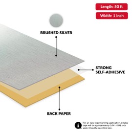 Brushed Silver PVC 1 inch x 50 ft Edge Banding Peel Stick Tape Adhesive Metal Edging Veneer Aluminum Trim Flexible Strip Molding MDF Wood Cabinet Laminate Shelf Furniture Countertop Formica Plywood
