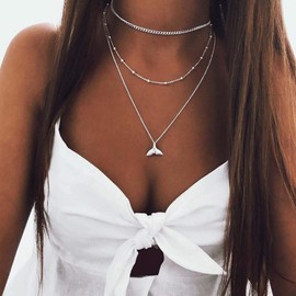 TseenYi Fishtail Pendant Necklace Chain Silver Layered Satellite Necklaces Choker Vintage Collar Chain Necklace for Women and Girls