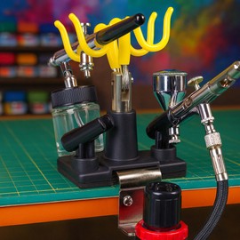 Wiltec Gun Holder Suitable for 4 Pistols and 1 Pressure Gauge, 85 x 110 x 210 mm, Airbrush Gun Holder for Table Mounting, Airbrush Accessories