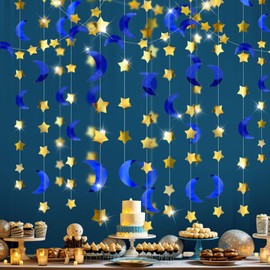 Patelai Glitter Star Moon Garland Banner Decor, 130 Feet Star Hanging Bunting Banner Gold Bright Moon Paper Garland for Graduation Class Congrats Grad Eid Muburak Party Decoration(Blue Gold)