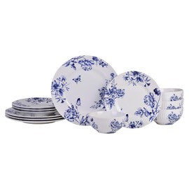 222 Fifth Cassian Embossed Toile Blue Porcelain 12-Piece Dinnerware Set – Service for 4, Plate & Bowl Set, Dishwasher Safe, for Daily Dining & Entertainment