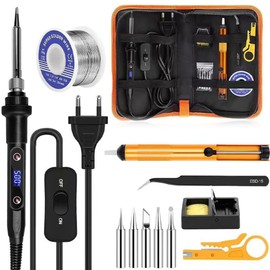 Small Soldering Iron Kit 80W: Adjustable Temperature 180-520°C Electric LCD Welding Tools with 5 Soldering Tips Stand Desoldering Pump Solder Wire and Tweezers