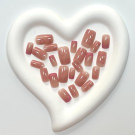 Square Valentine's Day Press on Nails Short French Tips Fake Nails with Pink Heart Design Glossy Full Cover False Nails Heart Valentine's Day Glue on Nails Stick on Nails for Women