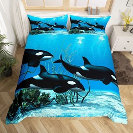 Killer Whale Bed Linen Sets Orcinus Orcas Comforter Cover The Underwater World Jellyfish Duvet Cover Set for Children Boys Girls Deep Sea Animals Marine Life Duvet Cover 2 Pieces Children's Room Decor