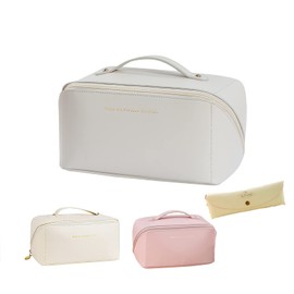 Large-Capacity Travel Cosmetic Bag Portable Leather Makeup Pouch Women Waterproof Bathroom Washbag Multifunction Toiletry Kit (A-Cream)