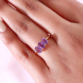 TJC Natural Amethyst Three Stone Ring for Women in 14ct Gold Plated 925 Sterling Silver Size M Prongs Setting Forever Together Gemstone February Birthstone Metal Wt. 1.6 Grams