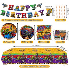 Ywediim Dirt Bike Birthday Party Supplies Includes Happy Birthday Banner Plates Napkin Cups Tablecloth Boys Motorcycle Extreme Sports Decorations 20 People Set C