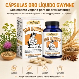GWYNNE Oro Líquido Suplemento 90 Cápsulas para Lactancia Materna,con Ruda Cabruna Orgánica,Cardo Mariano,Shatavari, Hinojo,Alfalfa y Anís,Apoya la Pro