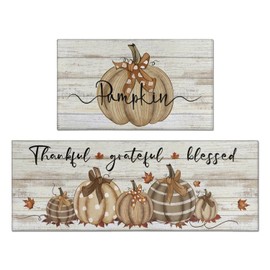 Twyt decor Fall Kitchen Rugs Fall Entrance Door Mat Pumpkin Non Slip Kitchen Rug Anti Fatigue Mats for Kitchen Floor Waterproof Washable Rug Runner for Kitchen Laundry17x30+17x47inch