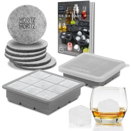 Moritz & Moritz 2 x 9 Square Ice Cube Tray with Lids - Silicon Ice Cube Moulds with Lid for 18 Cube-Shaped Ice Cubes - Incl. 6 Coasters & Recipe Book - Large Ice Cube Tray with Lid