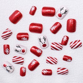 Christmas Press on Nails Short Square Fake Nails Winter Red White Stripe False Nails with Reindeer Snowflake Designs Glitter Acrylic Nails Full Cover Christmas Stick on Nails for Women Manicure 24 Pcs