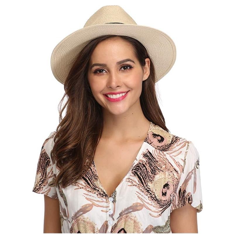 Women Wide Brim Straw Panama Roll up Hat Fedora Beach