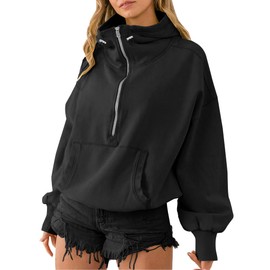 TBA High Neck Hoodies for Women Oversized Half Zip Drawstring Y2K Pullover Sweater Casual Long Sleeve Sweatshirt with Pockets Black