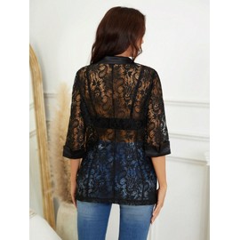 WDIRARA Women's Floral Lace Mesh One Button Lapel Neck Long Sleeve Elegant Jacket Blazer Black Mid Sleeve XXL