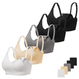 Angelhood Ribbed Nursing Bras 5 Pack Wireless V Neck Maternity Nursing Bra Low Cut Bralette Sleeping Breastfeeding with Extenders, Medium