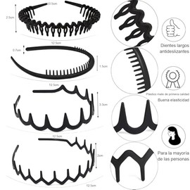 8 Pcs Elegante Diadema de Plástico Antideslizante,Unisexo,Diademas para Cabello con Peine y Accesorios Finos para El Cabello para Niños,Niñas y Adolescentes,Negro