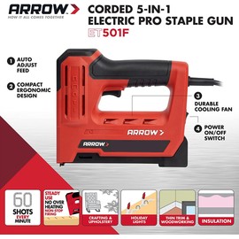 Arrow ET501F Corded 5-in-1 Professional Electric Staple and Nail Gun, Wire Stapler, and Brad Nailer for Upholstery, Framing, Insulation, Crafts, Fencing, and Cable, Black/Red