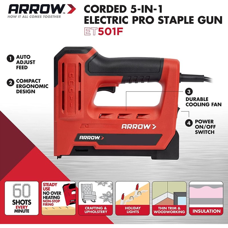 Arrow ET501F Corded 5-in-1 Professional Electric Staple and Nail Gun,