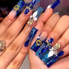 Press On Nails Stick On Nails, Flower Summer Cute Designed Beauty Pattern in Glue on Nails, Fake Nails, Short Square Almond Long Ballet Shape on 24PCS (Blue Diamond Love)