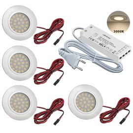 JungesLicht - 4 x LED furniture recessed spotlights - for 55-60 mm holes, ultra flat (10 mm), 2 watts 12 V 200 lumens, warm white 3000 K - incl. transformer and connection cable - easy plug-in installation, furniture light