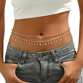 Rhinestone Waist Chain Jewelry Summer Beach Stars Tassel Belly Body Chain Bikini Layered Link Waist Body Chain Jewelry for Women, Medium, alloy, No Gemstone
