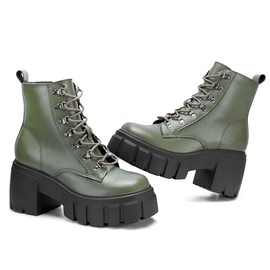FITORY Women’s Combat Boots Lightweight Lace up Side Zipper Ankle Botas High Heel Chunky Platform Lug Sole Booties Dark Green Size 8.5