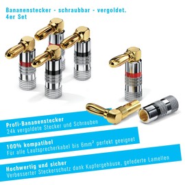 sonero® Bananenstecker 90° gewinkeltes 4er-Set, für alle Lautsprecherkabel mit einem Durchmesser bis max. 6mm², 4 Stück mit umlaufenden Farbring (2x rot, 2x schwarz), 24k vergoldet