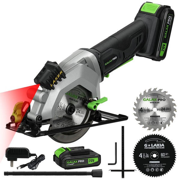 GALAX PRO 20V 4-1/2" Cordless Circular Saw with 2.0Ah battery, Laser Guide, Rip Guide, 2 Pcs Blades(24T+ 60T), 3400RPM, Max Cutting Depth 1-11/16"(90°), 1-1/8"(45°)