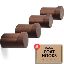 IQOUNIX Coat Hooks (Pack of 4) Wooden Coat Hooks Wall Mounted, Door Hooks for Hanging, Bathroom Hooks, Towel Hooks, Coat Rack Wall Mounted, Walnut Wood Wall Hooks for Coats, Towels, Jackets, Clothes
