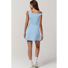 QINSEN Womens Sleeveless One Shoulder Golf Dress Mini Length Inner Shorts Tennis Dress Airy Blue M