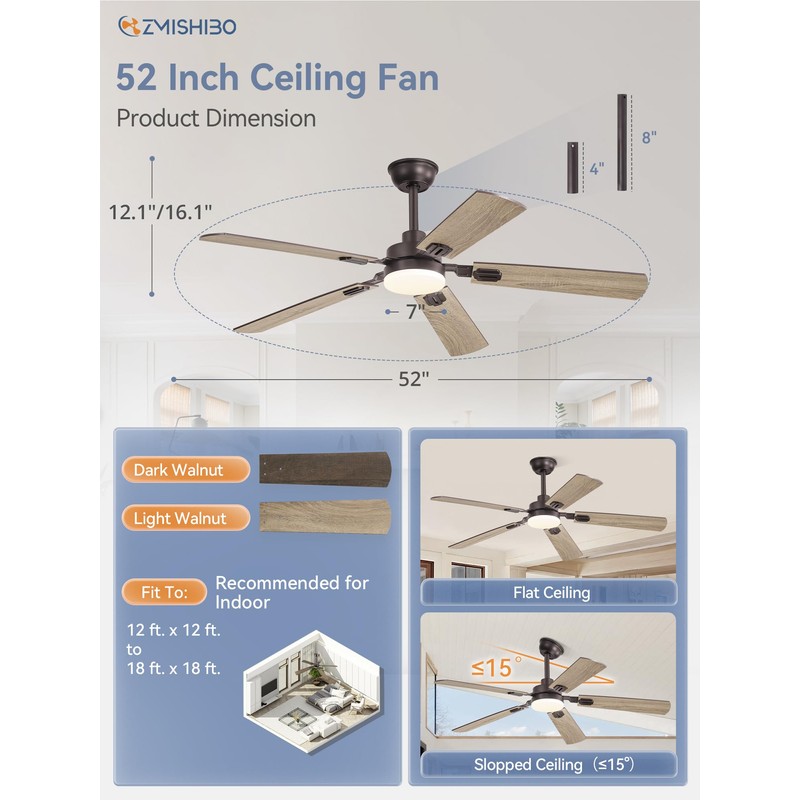 ZMISHIBO 52" Ceiling Fans with Lights, Oil Bronze Farmhouse Ceiling