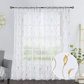 Laseniewa Gold Foil Print Sheer Curtains 84 inches Long, 2 Panels Ginkgo Bronzing Treatment Sheer Curtain, Rod Pocket Window Treatment Panels for Bedroom Living Room