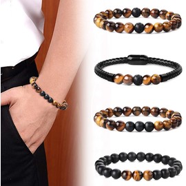 YaoDCA 4 Pieces 8 mm Pearl Bracelet for Men Women Natural Stone Bracelet Tiger's Eye Bracelet Men's Leather Bracelet with Stainless Steel Magnetic Clasp, Stone Leather