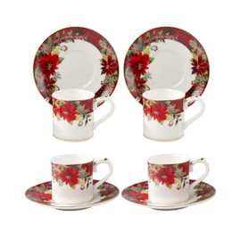 Grace Teaware Poinsettia Plaid Espresso Cups 2-Ounce with Saucers, Set of 4 (Espresso Cup Size 2-Ounce)