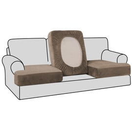 H.VERSAILTEX Stretch Velvet 3 Piece T Cushion Sofa Slipcovers for Living Room Individually Sofa Covers for 3 Cushion Seat Cushion Covers Stay with Elastic Bands (Sofa, Mocha)