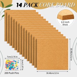 Cork Board Tiles 12 x 12 in 1/2 in Thick Square Bulletin Boards Cork Tiles Bulk with Push Pins Mini Natural Self Adhesive Backing Corkboards Tiles for Wall Home Office Floor DIY（14 Pcs）