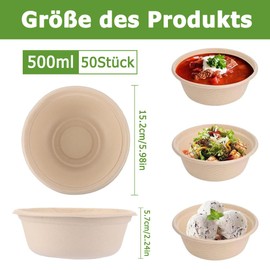 Kozdtiz Disposable Soup Bowls, Pack of 50 Disposable Sugarcane Bowls, Biodegradable and Compostable for Party, Household, Picnic, 500 ml, Natural