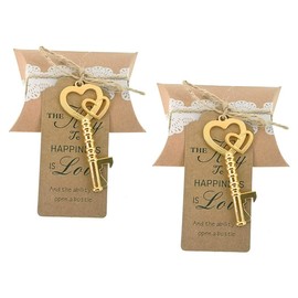 ALIMITOPIA 50pcs Double-heart Key Bottle Opener Wedding Party Favor Souvenir Gift with Candy Box Escort Tag and Jute Rope(Gold Tone)
